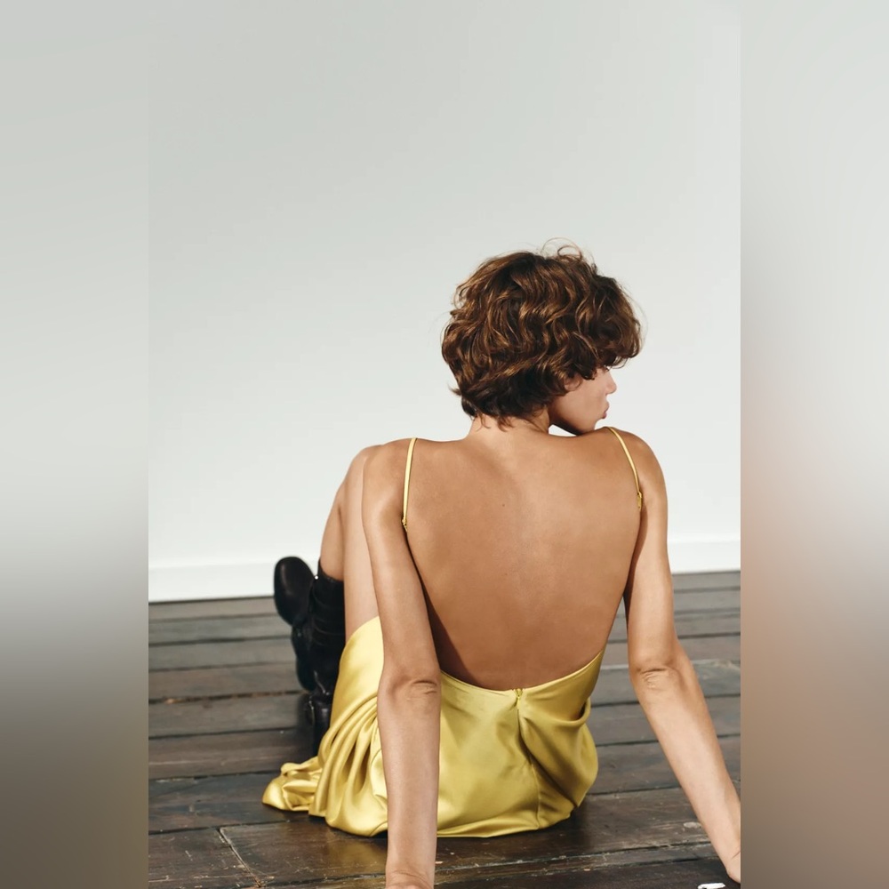 Zara Lace-Trim Slip Satin Maxi Dress in Mustard Chartreuse Yellow - Picture 12 of 15